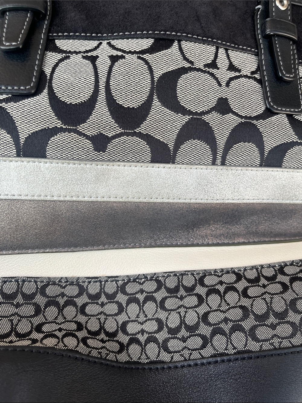 Coach F11530 Jacquard and Leather Signature C Stripe Tote Bag Black Gray Silver - Picture 2 of 7